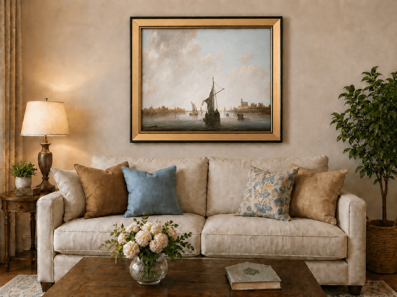 Nautical Oil Paintings - Dutch Riverboats on Calm Waters