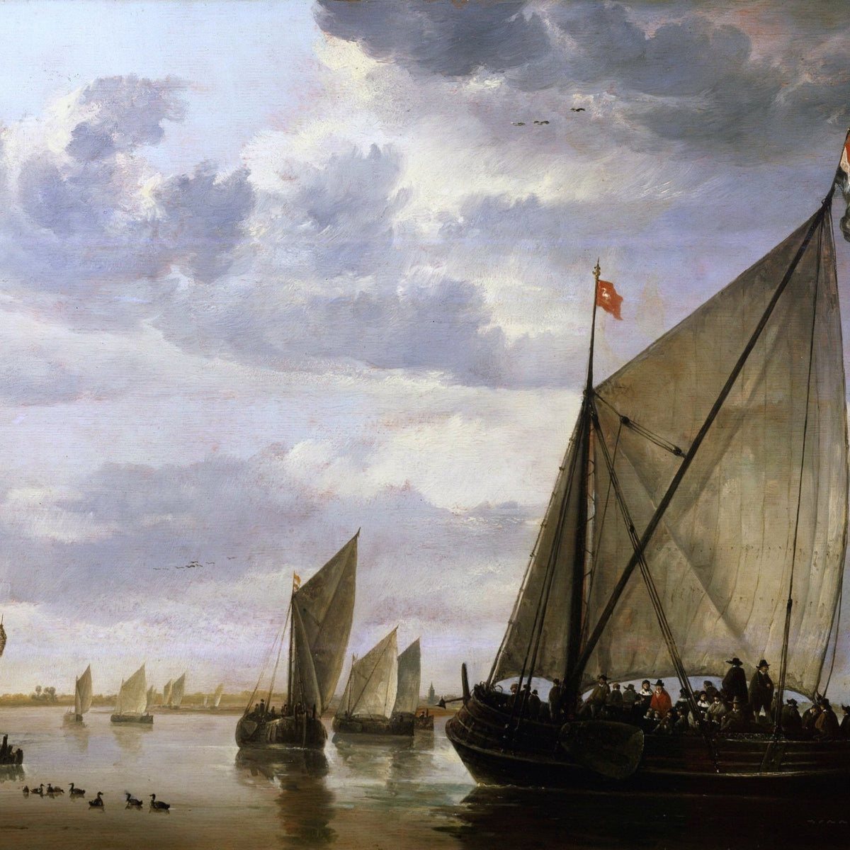 Nautical Oil Paintings - Dutch Sailboats on Quiet Waters, Cloudy Sky - Oil Painting Haven