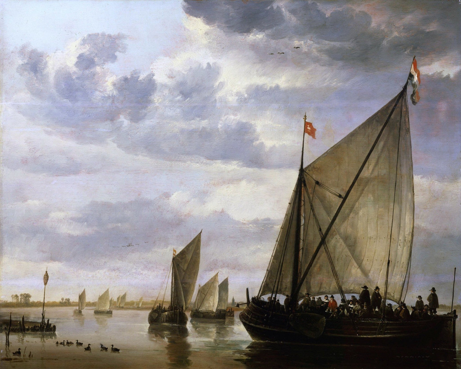 Hand-painted Dutch boats on quiet waters, cloudy sky nautical oil painting on canvas