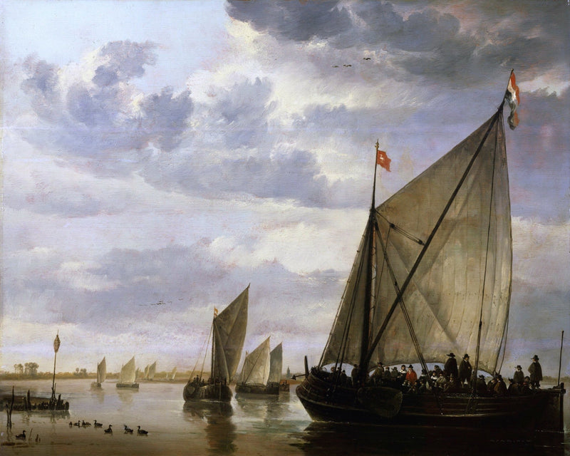 Nautical Oil Paintings - Dutch Sailboats on Quiet Waters, Cloudy Sky - Oil Painting Haven