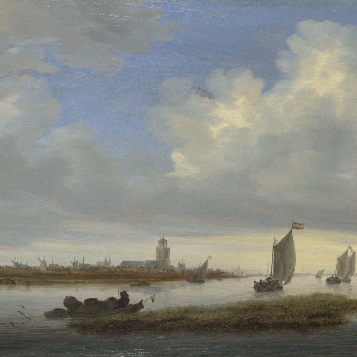 Nautical Oil Paintings - Dutch Sailboats on River Near Deventer - Oil Painting Haven
