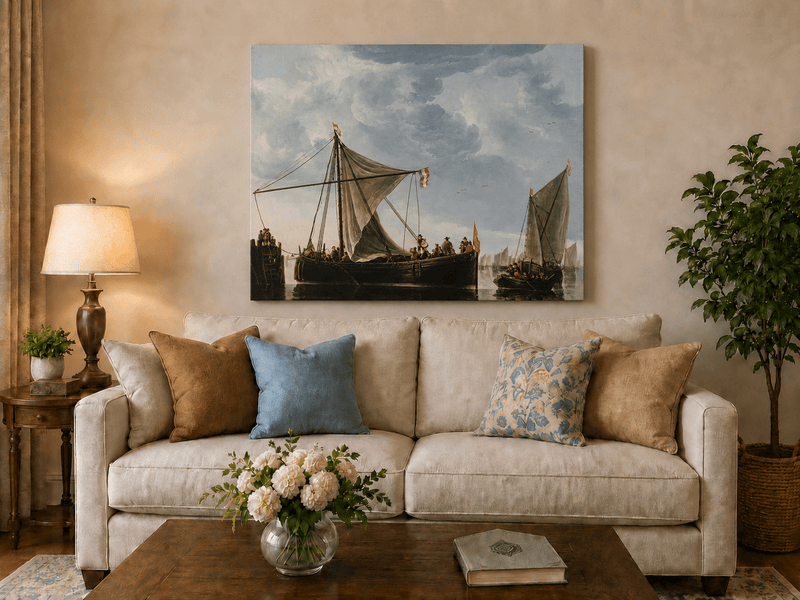 Nautical Oil Paintings - Dutch Sailboats Under a Dramatic Sky