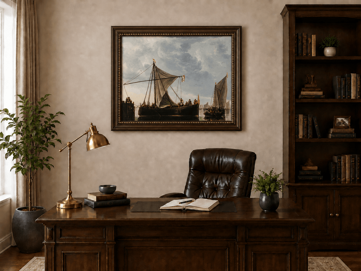 Nautical Oil Paintings - Dutch Sailboats Under a Dramatic Sky