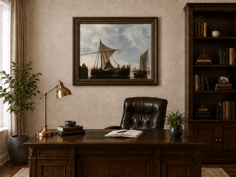 Nautical Oil Paintings - Dutch Sailboats Under a Dramatic Sky