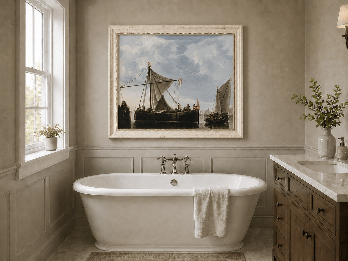 Nautical Oil Paintings - Dutch Sailboats Under a Dramatic Sky