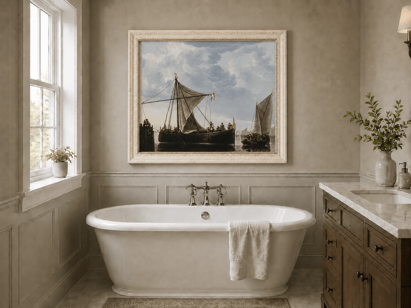 Nautical Oil Paintings - Dutch Sailboats Under a Dramatic Sky