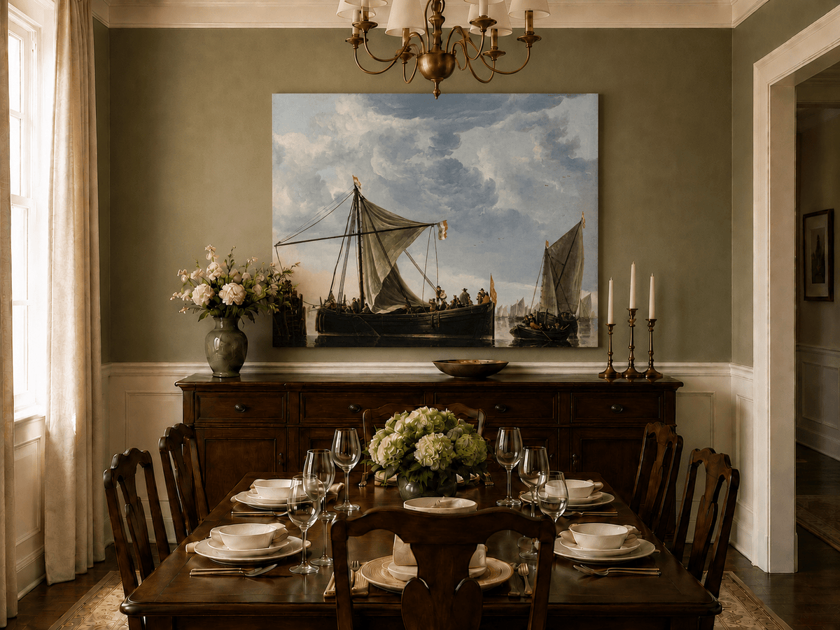 Nautical Oil Paintings - Dutch Sailboats Under a Dramatic Sky
