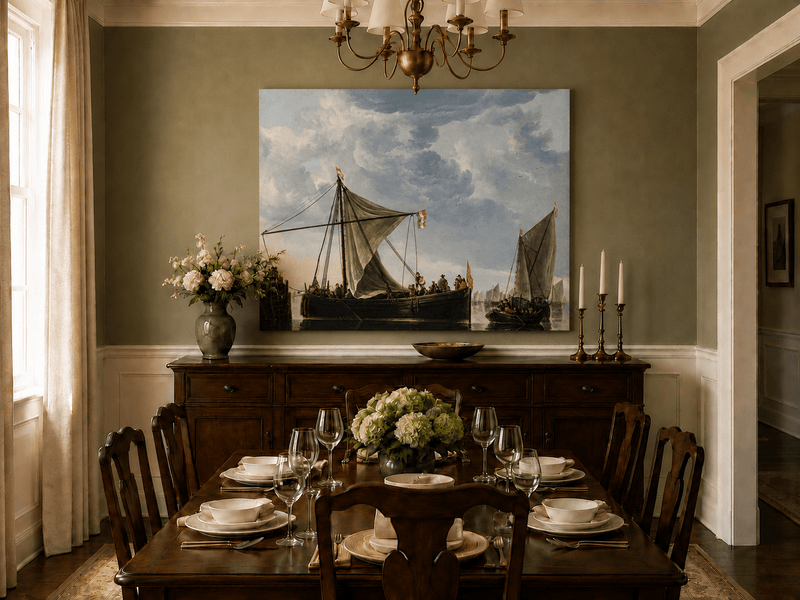 Nautical Oil Paintings - Dutch Sailboats Under a Dramatic Sky
