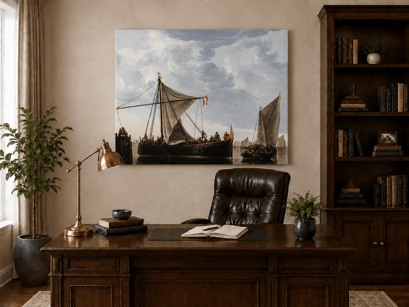 Nautical Oil Paintings - Dutch Sailboats Under a Dramatic Sky