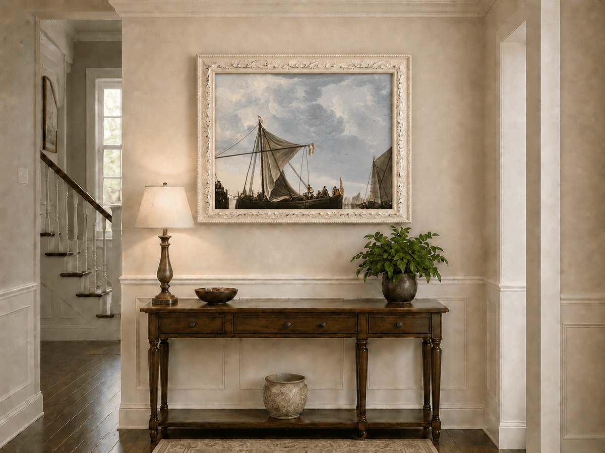 Nautical Oil Paintings - Dutch Sailboats Under a Dramatic Sky