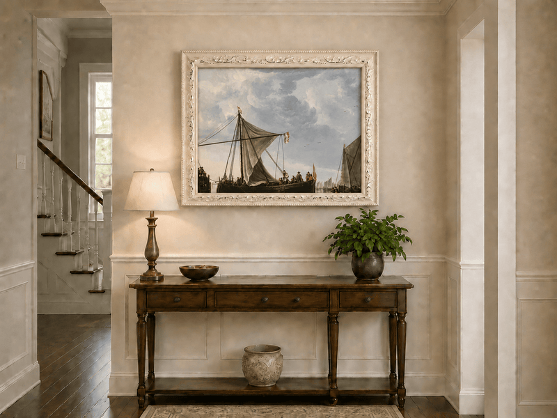 Nautical Oil Paintings - Dutch Sailboats Under a Dramatic Sky