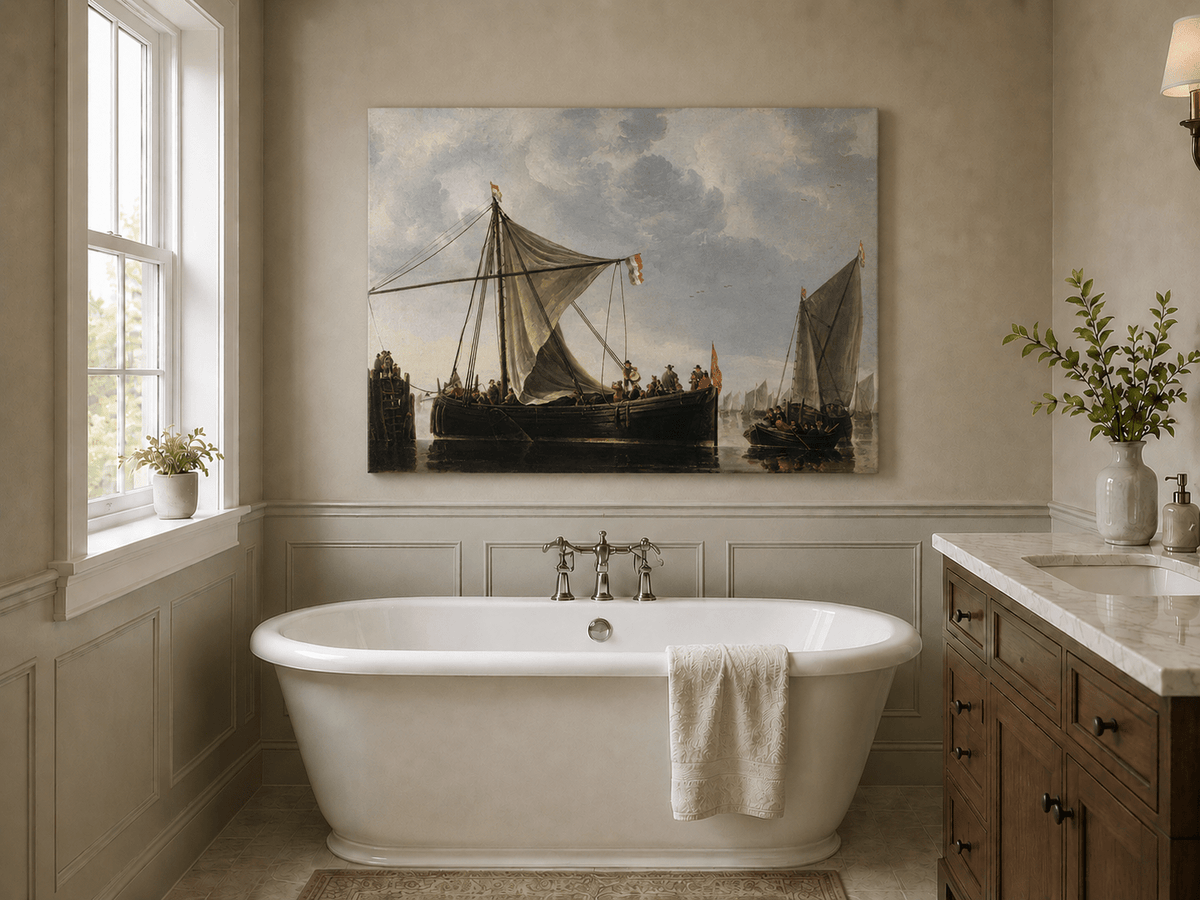 Nautical Oil Paintings - Dutch Sailboats Under a Dramatic Sky