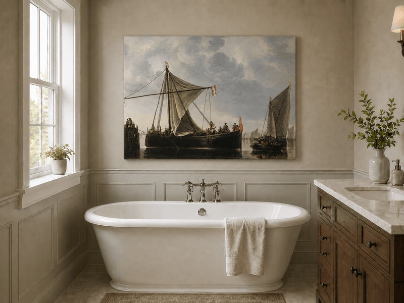 Nautical Oil Paintings - Dutch Sailboats Under a Dramatic Sky