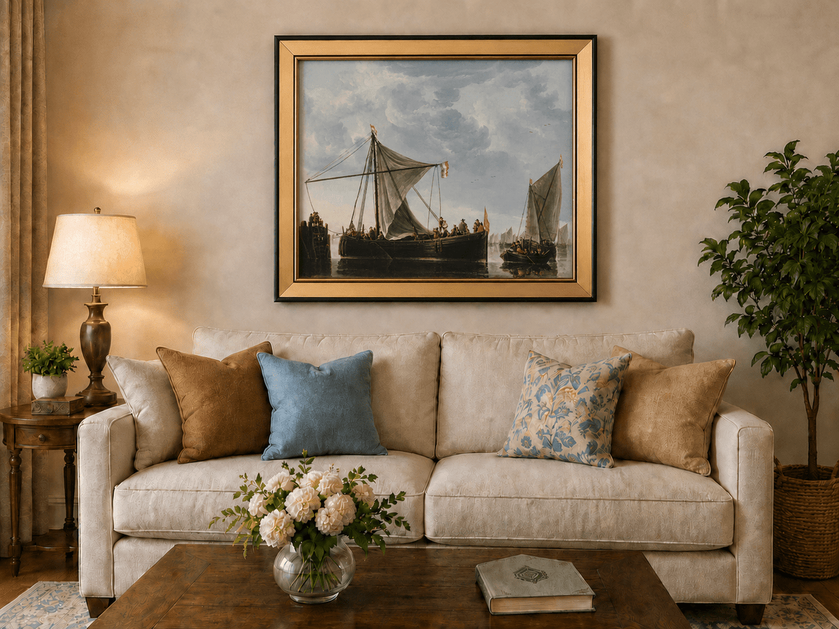 Nautical Oil Paintings - Dutch Sailboats Under a Dramatic Sky