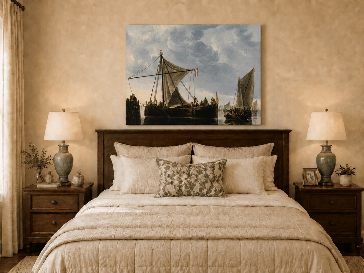 Nautical Oil Paintings - Dutch Sailboats Under a Dramatic Sky