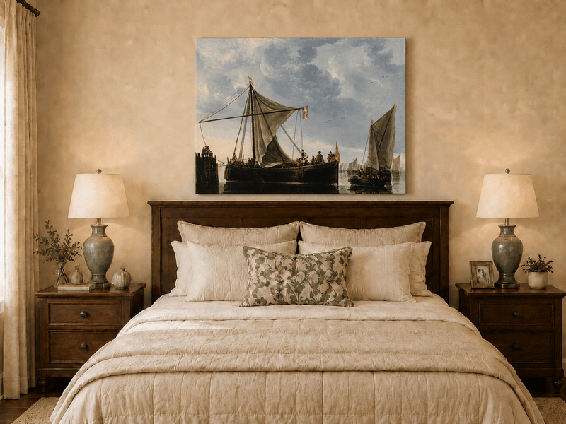 Nautical Oil Paintings - Dutch Sailboats Under a Dramatic Sky