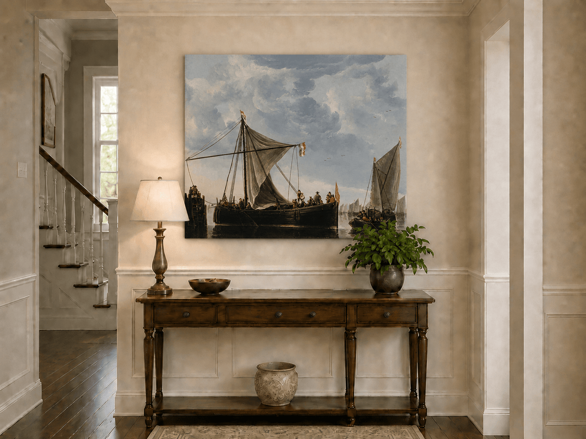 Nautical Oil Paintings - Dutch Sailboats Under a Dramatic Sky