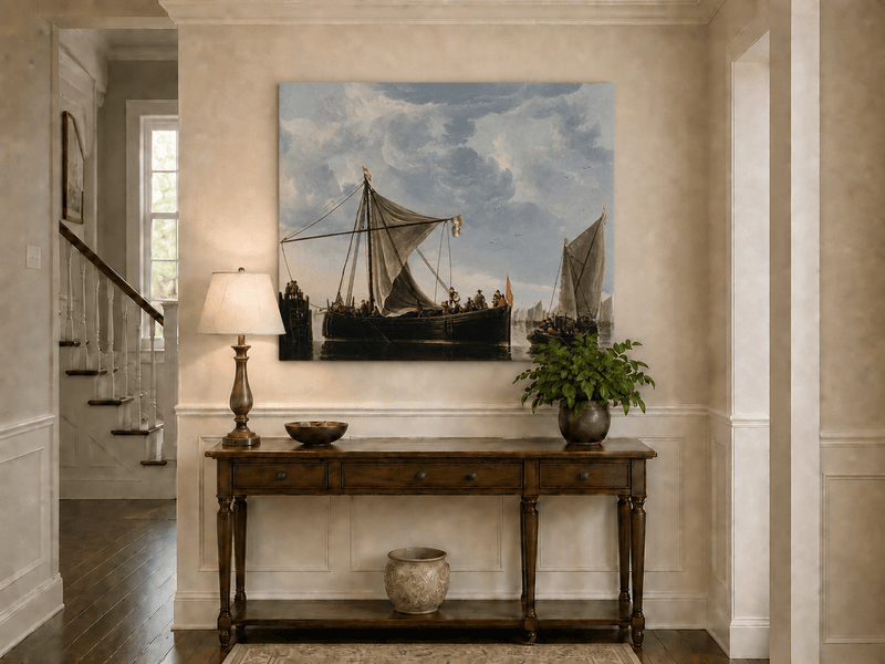 Nautical Oil Paintings - Dutch Sailboats Under a Dramatic Sky