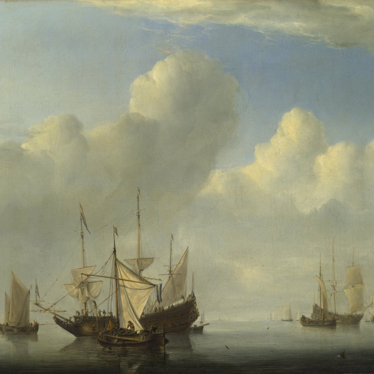 Hand-painted Dutch ship anchoring in calm waters nautical oil painting on canvas