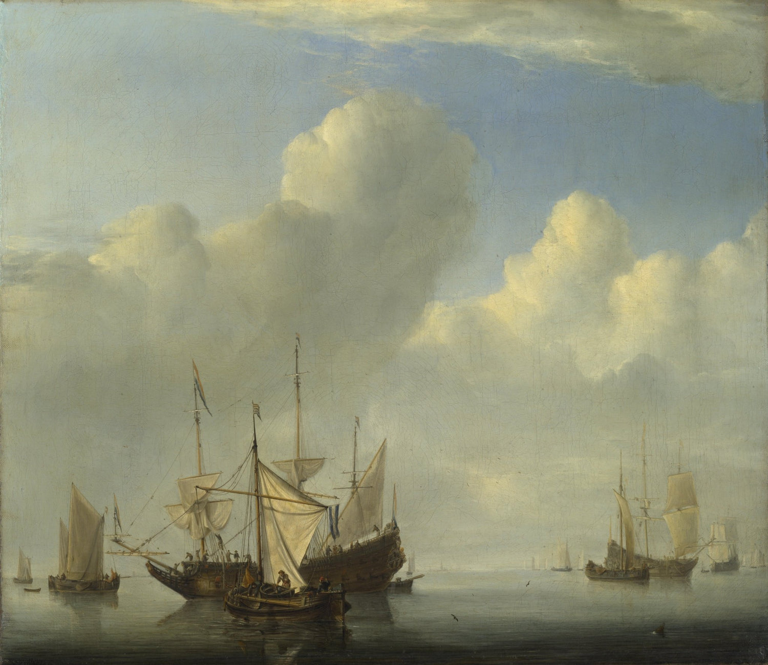 Hand-painted Dutch ship anchoring in calm waters nautical oil painting on canvas