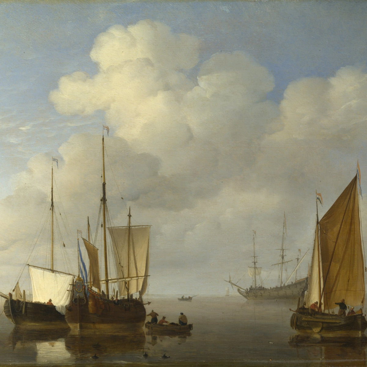 Hand-painted Dutch ships in calm morning waters nautical oil painting on canvas