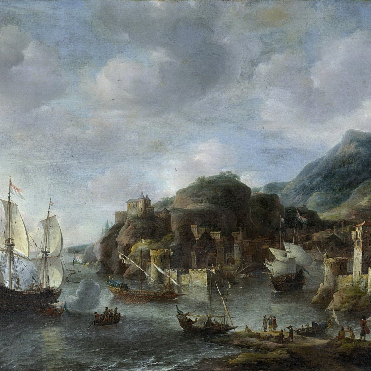 Nautical Oil Paintings - Dutch Ships in Mountain Harbor - Oil Painting Haven