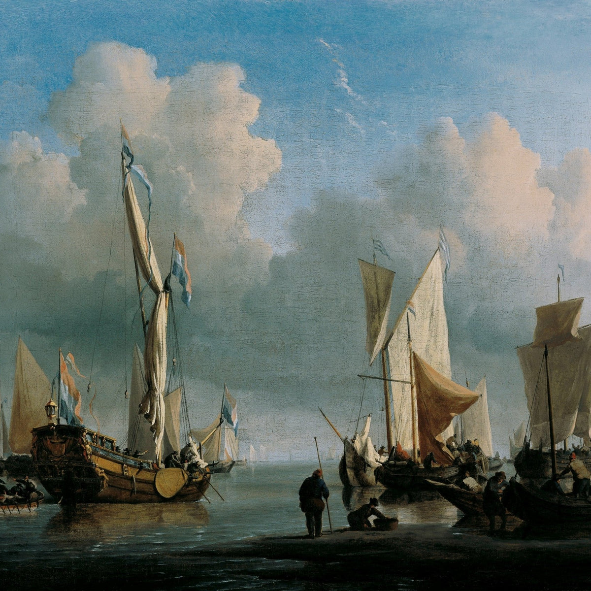 Hand-painted Dutch ships off the coast at dawn nautical oil painting on canvas