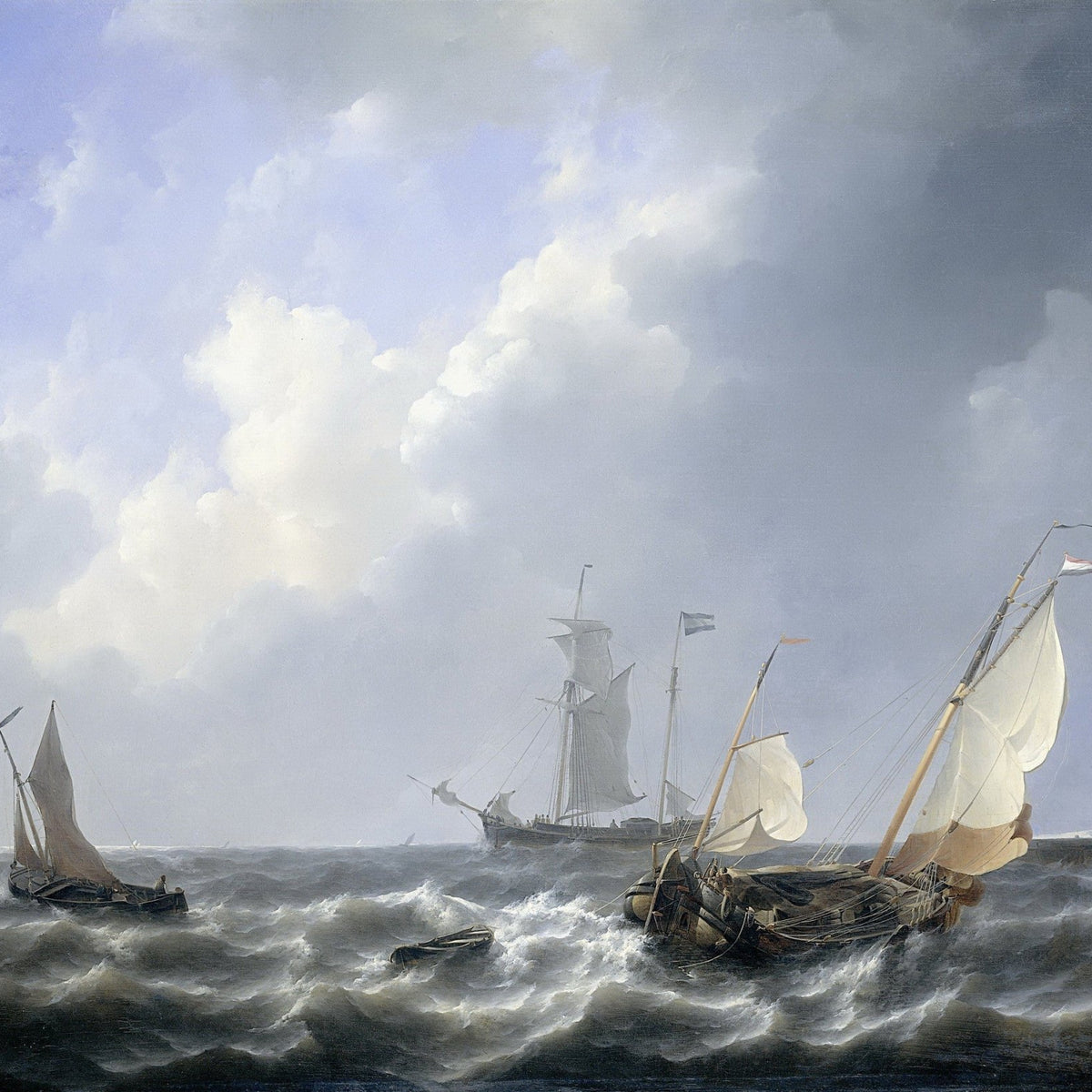 Hand-painted Dutch ships on stormy coastal waters nautical oil painting on canvas