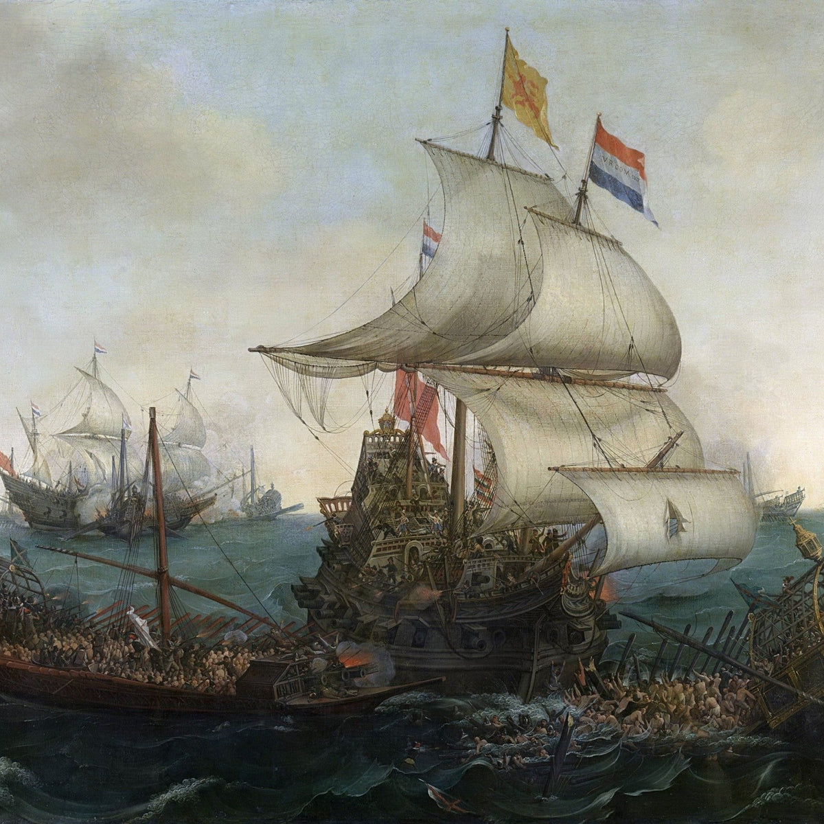 Hand-painted Dutch ships overrunning spanish galleys nautical oil painting on canvas