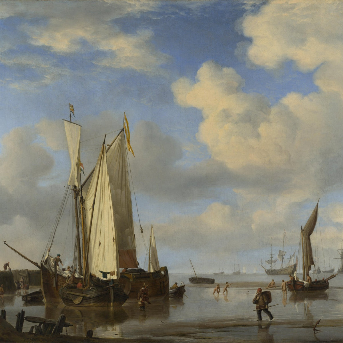 Nautical Oil Paintings - Dutch Vessels Inshore at Low Tide - Oil Painting Haven