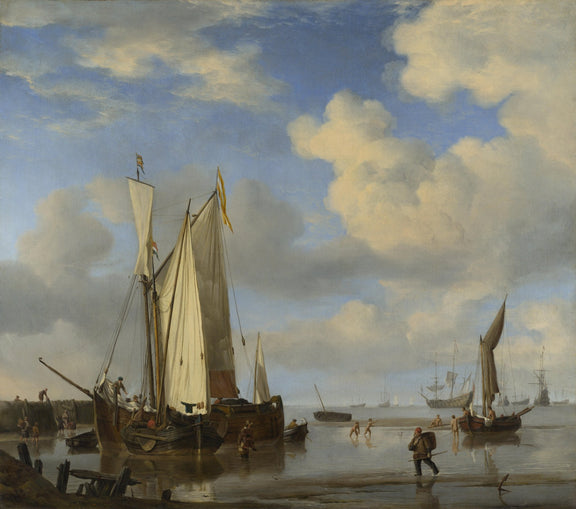 Nautical Oil Paintings - Dutch Vessels Inshore at Low Tide - Oil Painting Haven