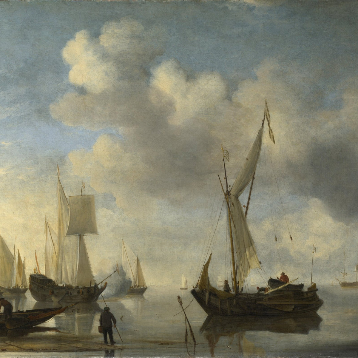 Hand-painted Dutch vessels saluting in calm waters nautical oil painting on canvas