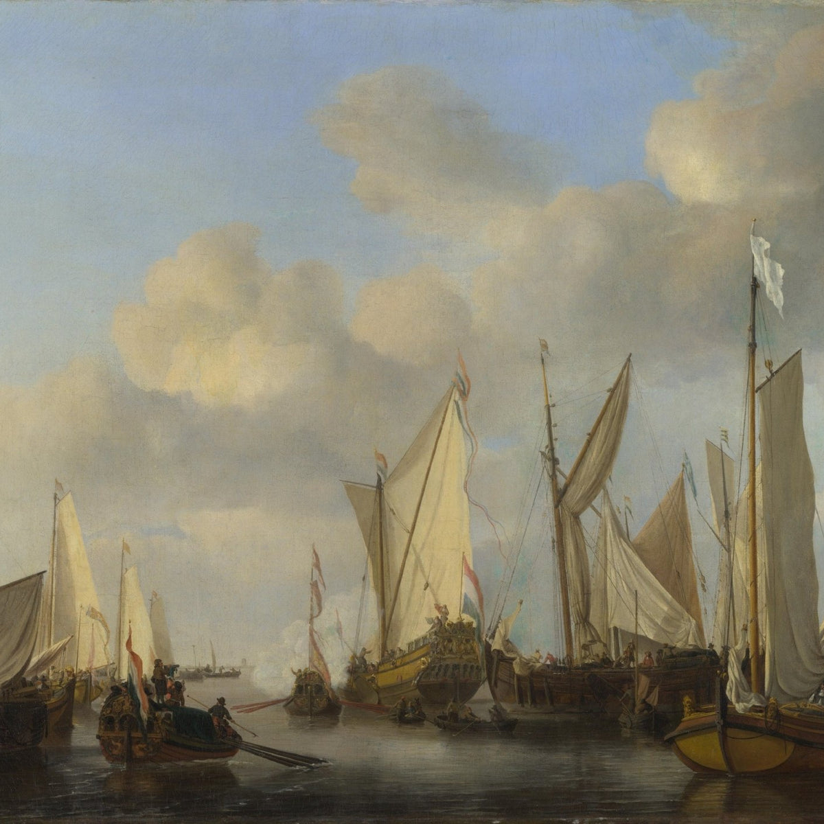 Nautical Oil Paintings - Dutch Yacht Saluting in Calm Harbor - Oil Painting Haven