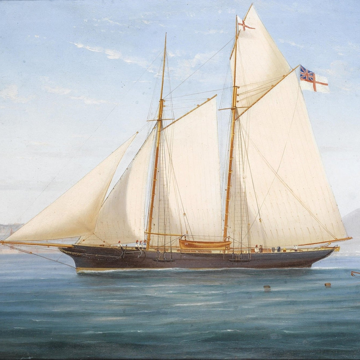 Hand-painted elegant schooner on calm coastal waters nautical oil painting on canvas