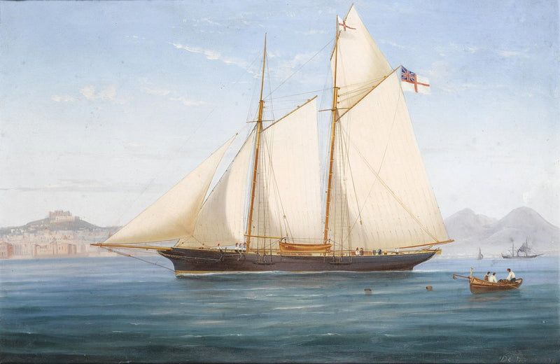 Hand-painted elegant schooner on calm coastal waters nautical oil painting on canvas