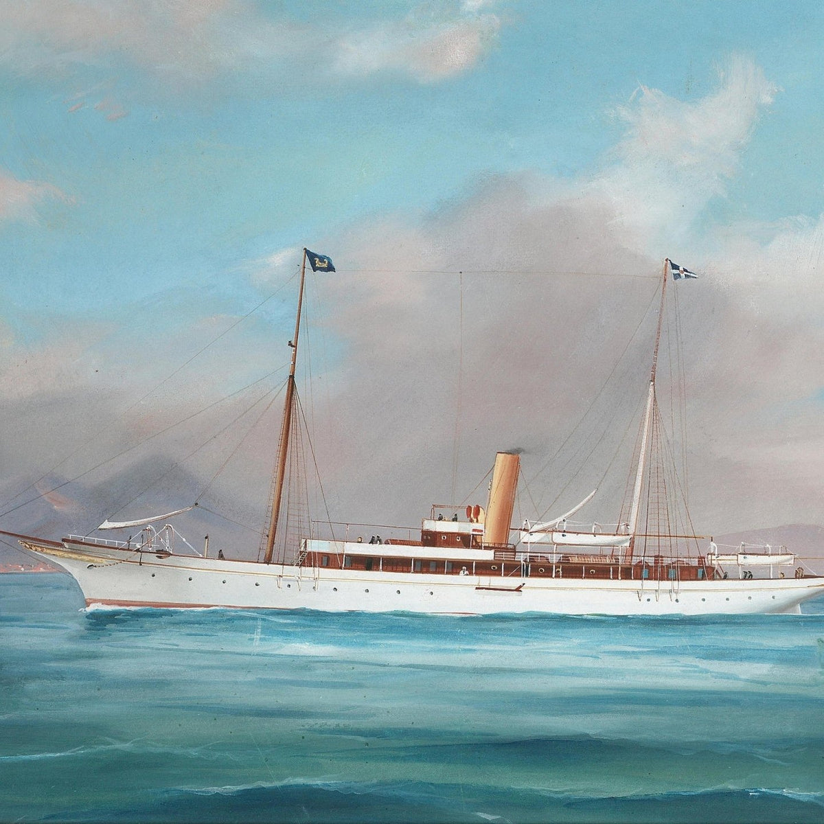 Hand-painted elegant steam yacht on calm blue sea nautical oil painting on canvas