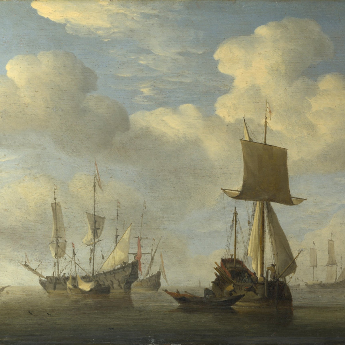 Hand-painted english vessel and Dutch ships becalmed nautical oil painting on canvas