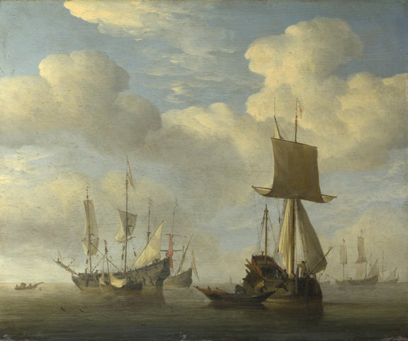 Hand-painted english vessel and Dutch ships becalmed nautical oil painting on canvas