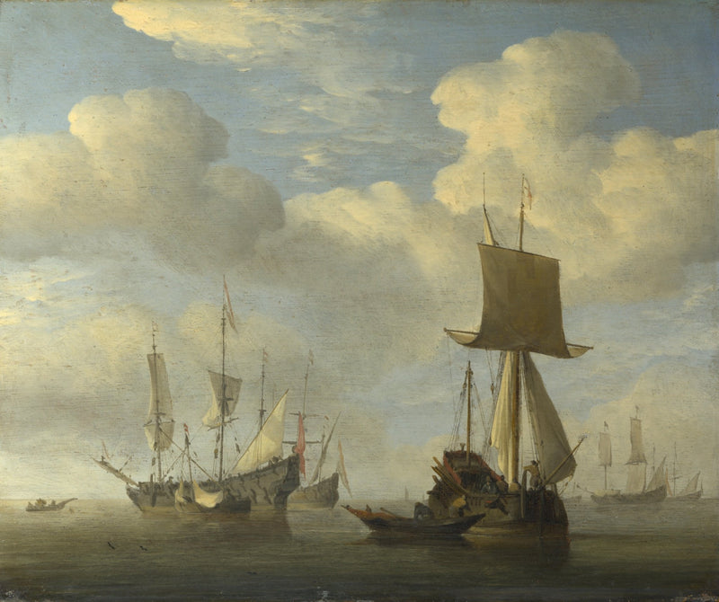 Hand-painted english vessel and Dutch ships becalmed nautical oil painting on canvas