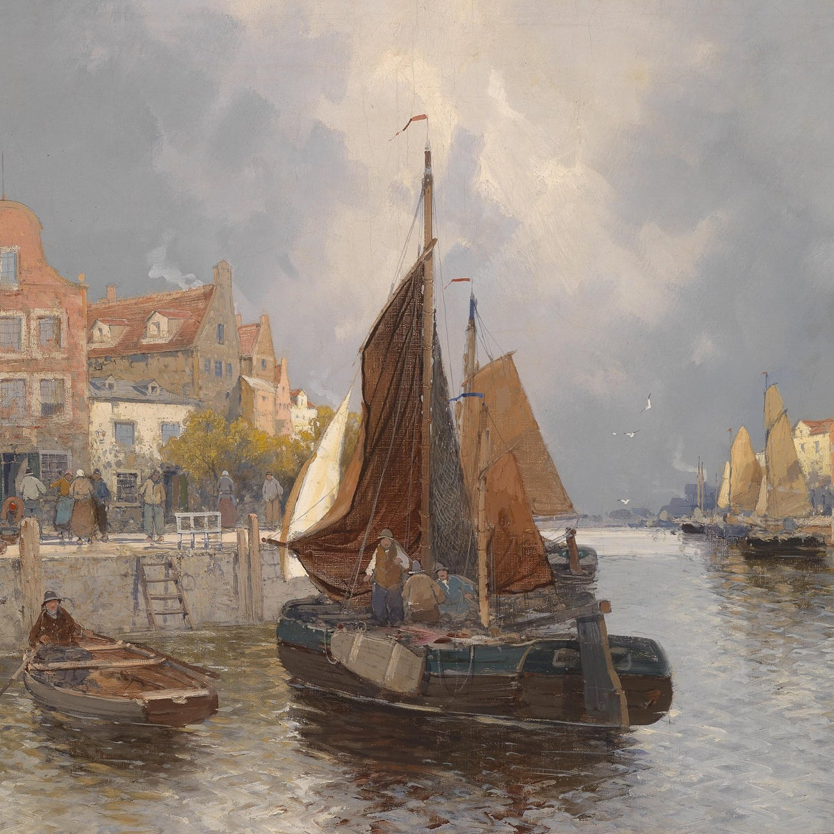 Hand-painted european harbor sailboats nautical oil painting on canvas