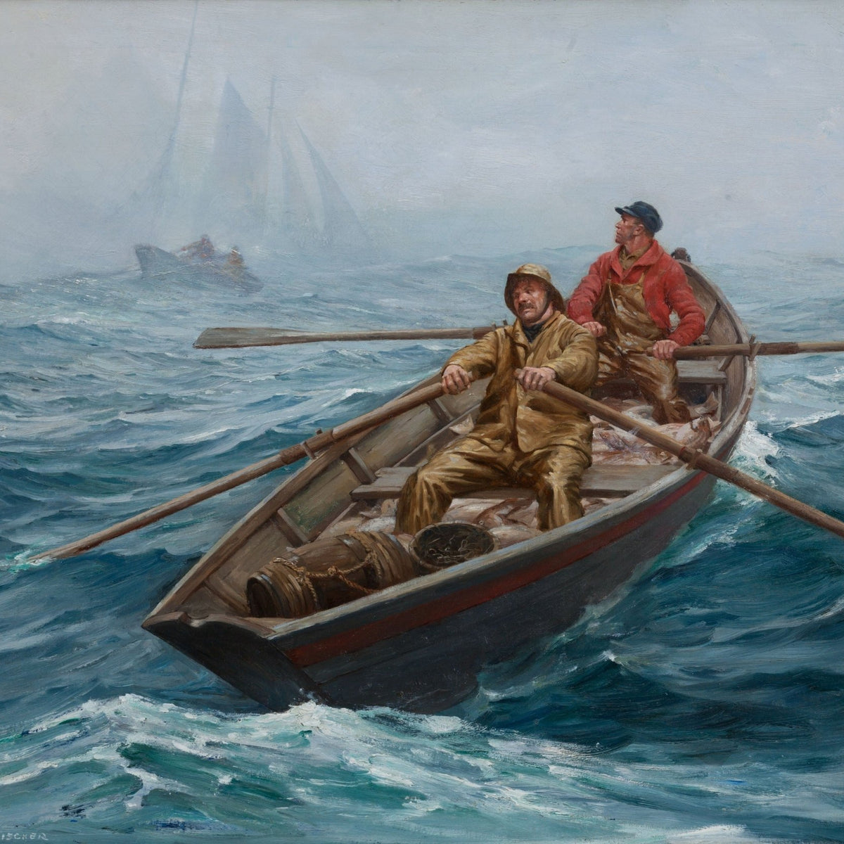 Nautical Oil Paintings - Fishermen in Rowboat on Choppy Sea - Oil Painting Haven