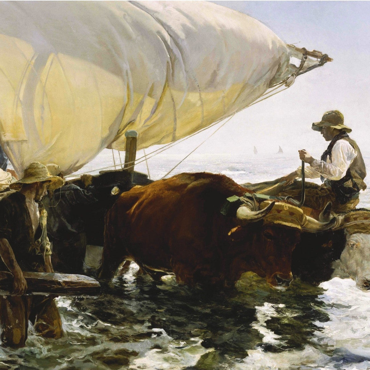 Hand-painted fishermen launching boat through surf nautical oil painting on canvas