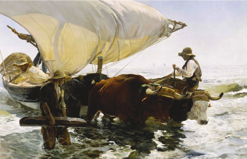 Hand-painted fishermen launching boat through surf nautical oil painting on canvas