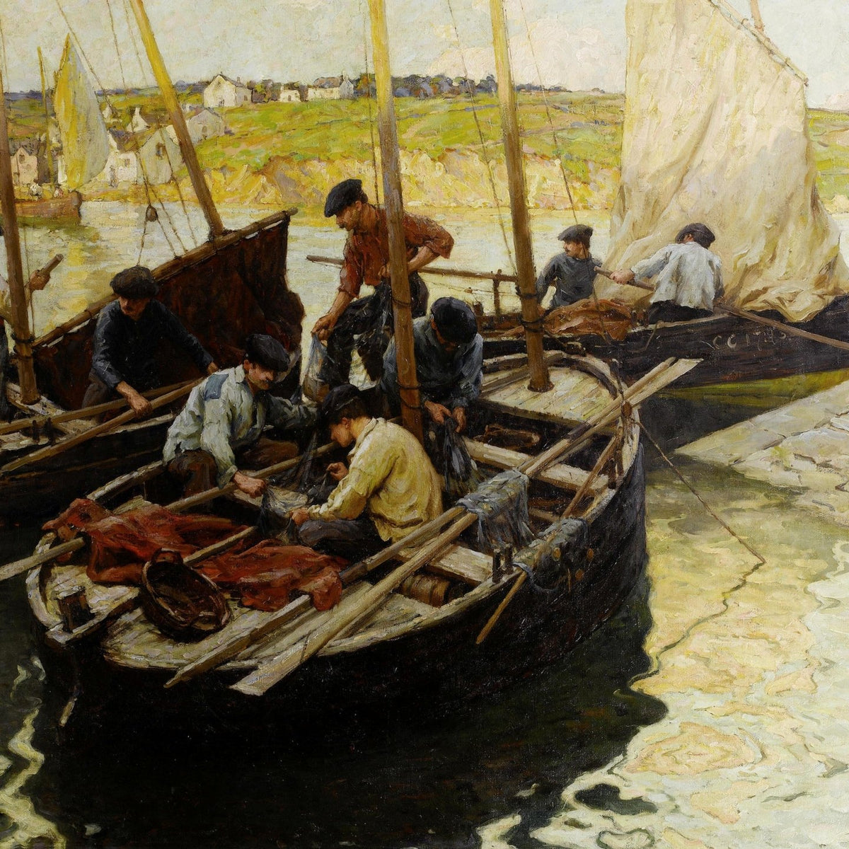 Hand-painted fishermen working in harbor boats nautical oil painting on canvas
