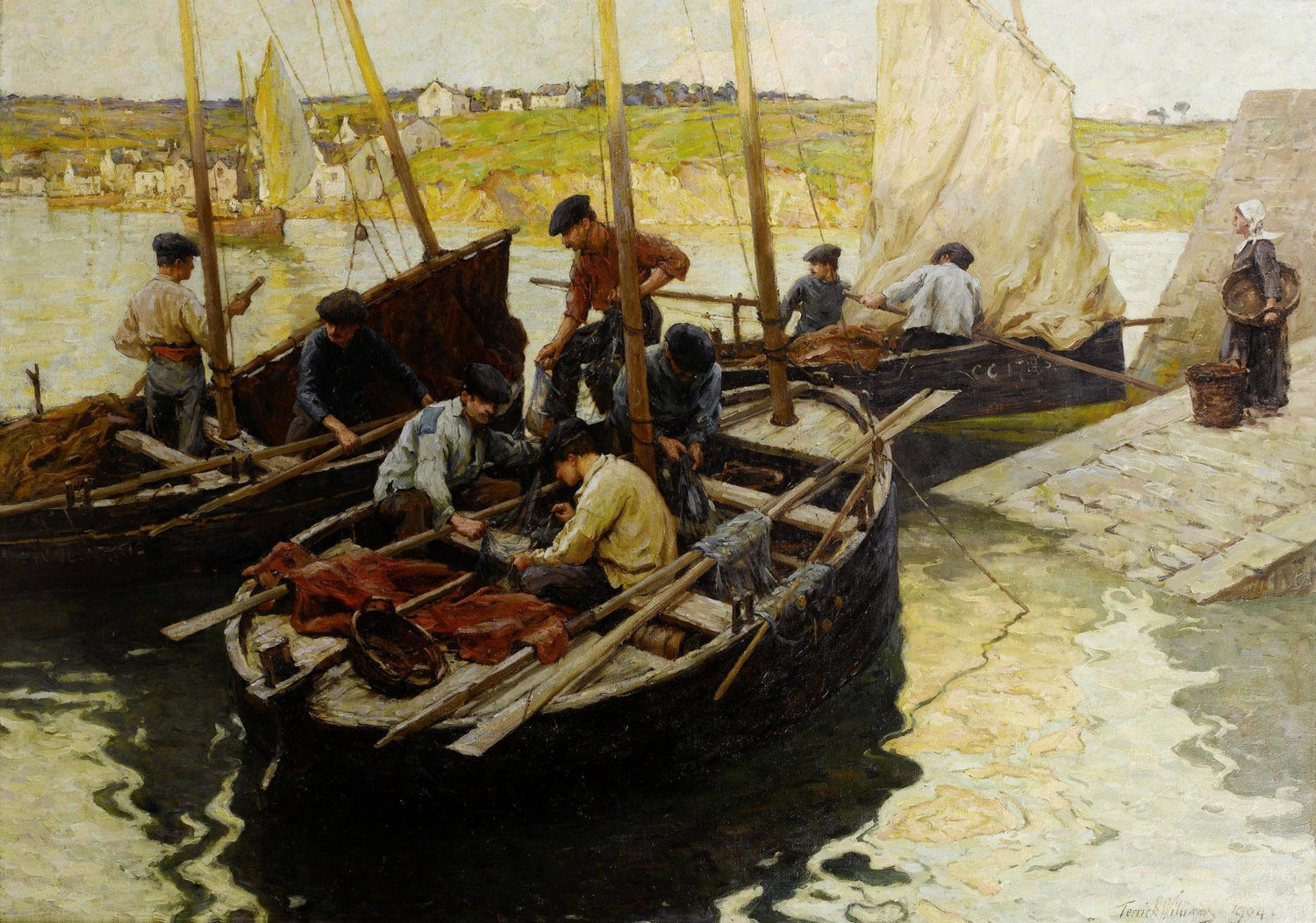 Hand-painted fishermen working in harbor boats nautical oil painting on canvas