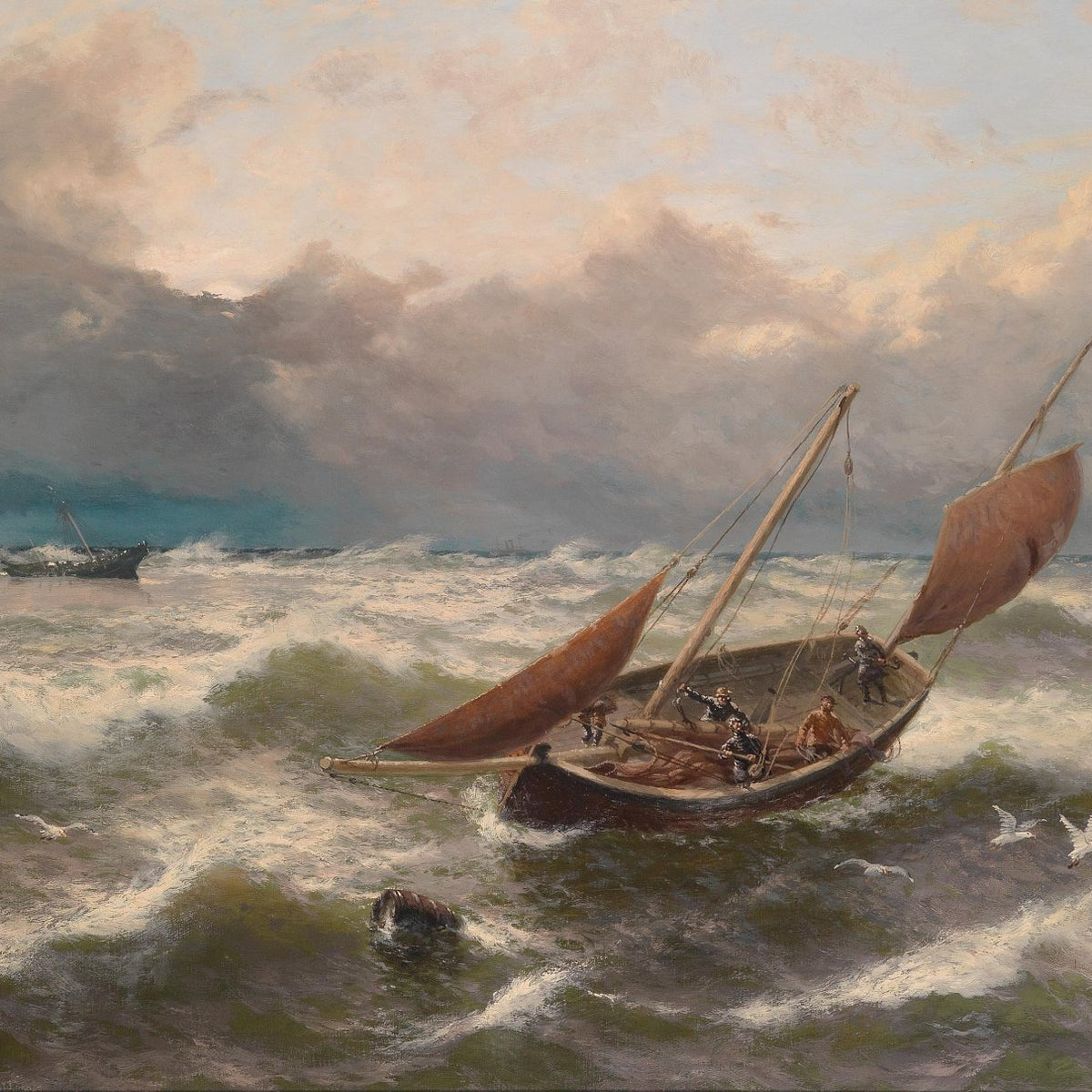 Hand-painted fishing boat in rough sea nautical oil painting on canvas