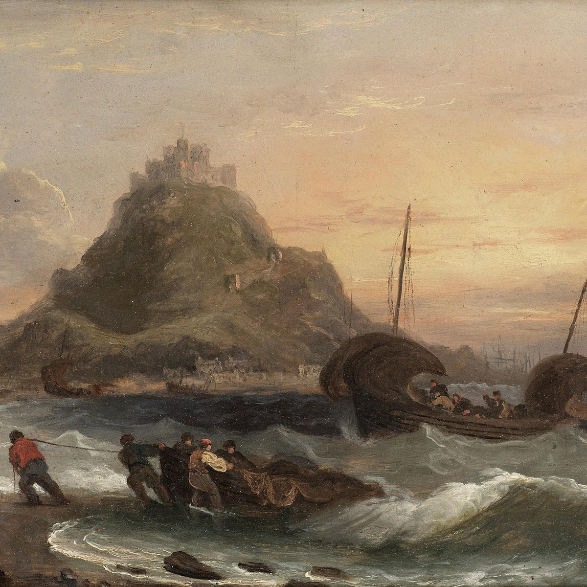 Hand-painted fishing boats by castle shore at sunset nautical oil painting on canvas