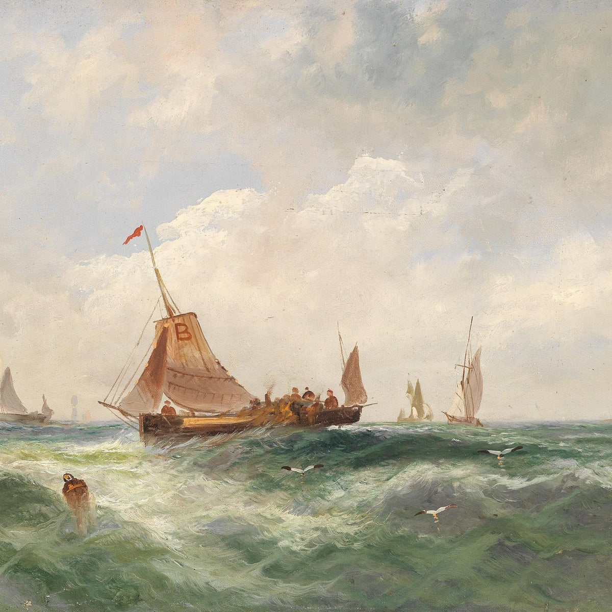 Hand-painted fishing boats on rolling waves nautical oil painting on canvas