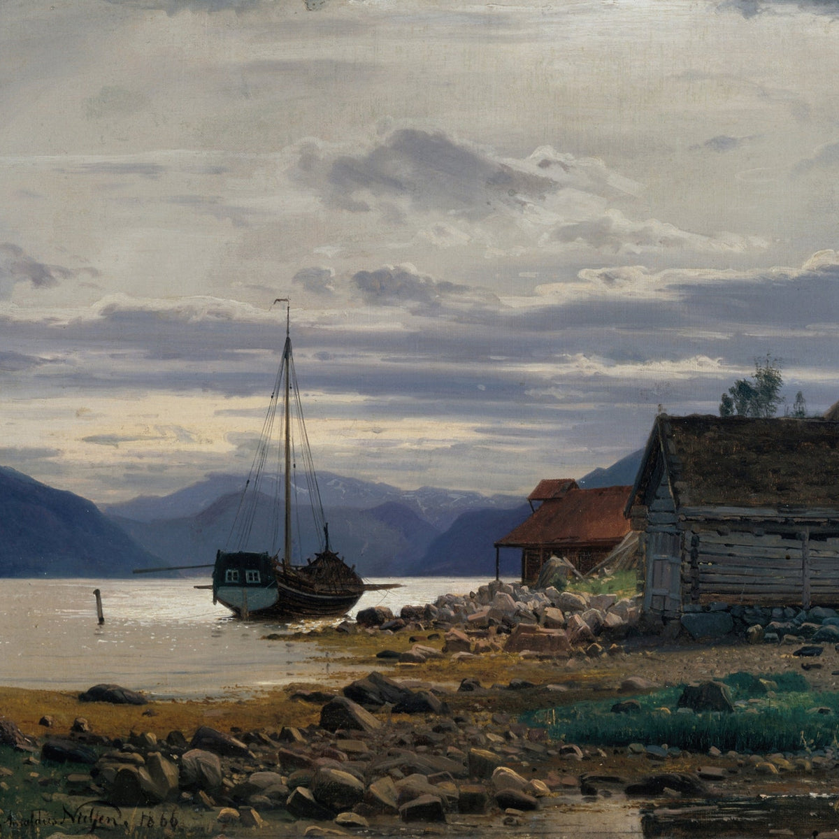 Hand-painted fjord boat at dusk nautical oil painting on canvas