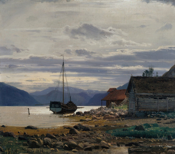 Hand-painted fjord boat at dusk nautical oil painting on canvas